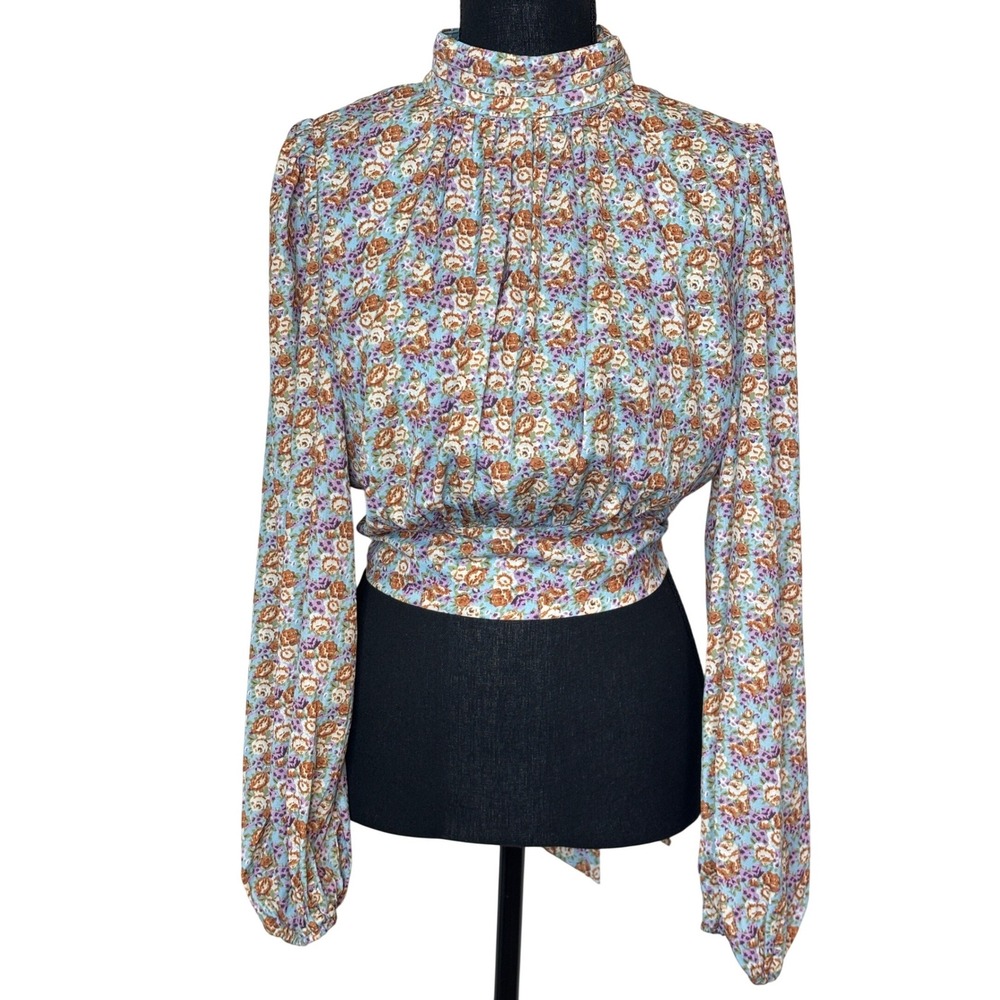 Böhme Women Blue Floral High Neck Tie Back Crop Top Blouse BHM349 Size M